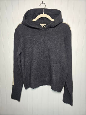 Mystree Charcoal Grey Knit Hoodie Sweater with Cream Sleeve Stripes - Size S
